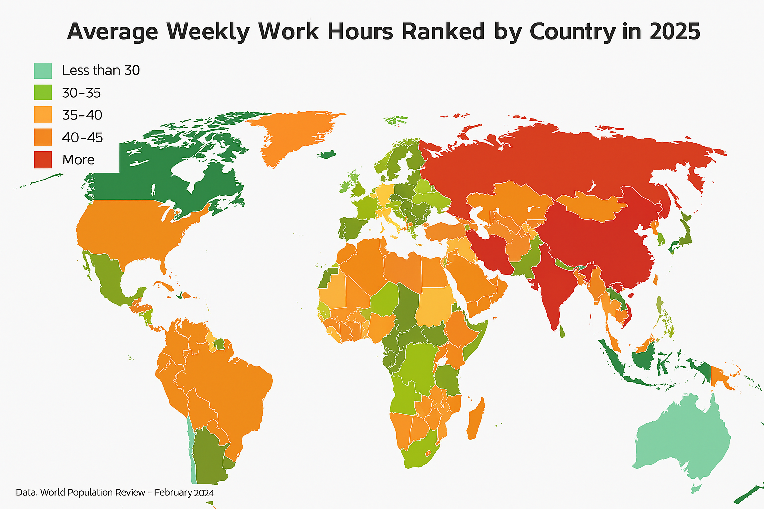 بوتان سخت‌کوش‌ترین کشور جهان در سال ۲۰۲۵ / ایران در رتبه ۳۸ ساعات کاری هفتگی